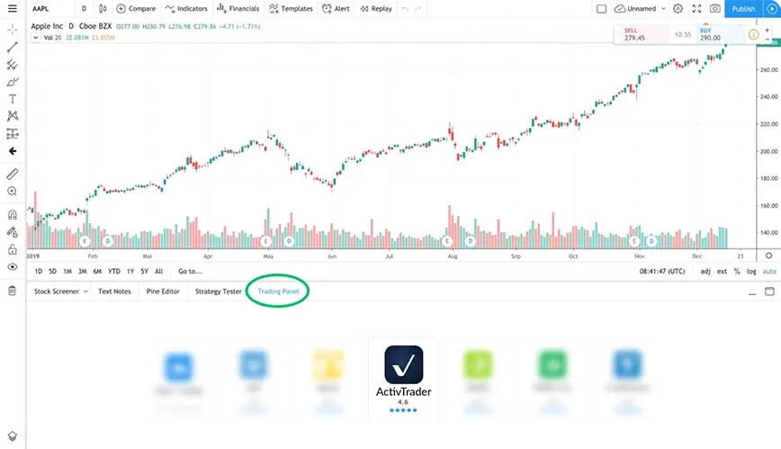 Log in to TradingView. In the "full chart view," press the "Trading Panel" tab at the bottom of the page. Select "ActivTrades" from the list.
